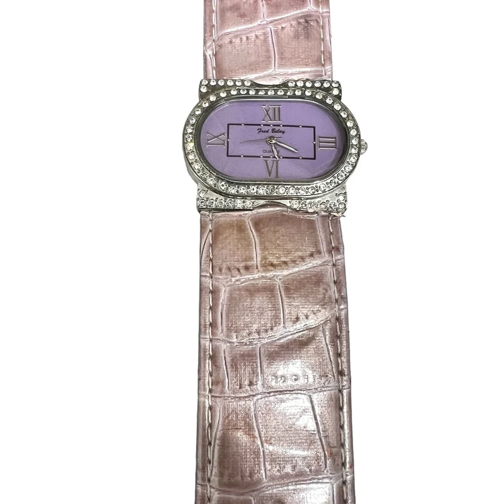 FRED BELAY LAVENDER FACE & CRYSTAL OVAL BEZEL FACE WATCH